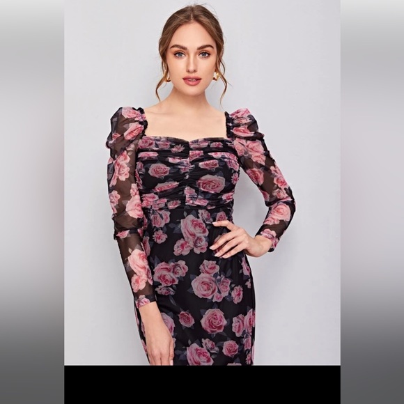 Dresses & Skirts - Shein Emery Rose Ruched Detail Gigot Sleeve Floral Dress Size M